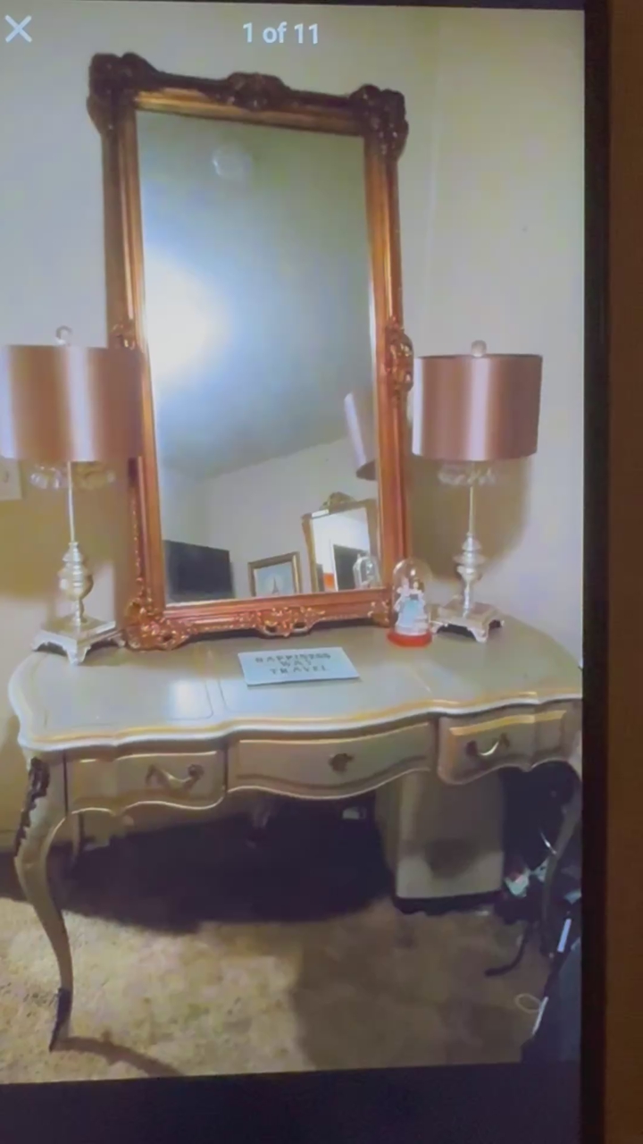 French provincial Desk / entry table, antique mirror & lamps